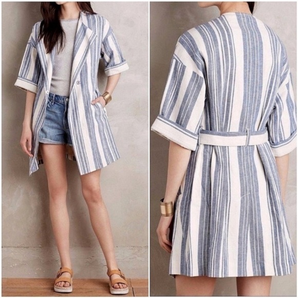 Anthropologie Elevenses Lagenlook Boho Striped Linen Duster Kimono Jacket Sz S - Picture 1 of 16